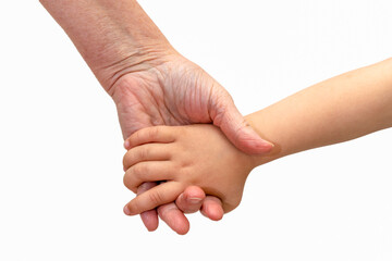 grandmother and granddaughter hands on white background