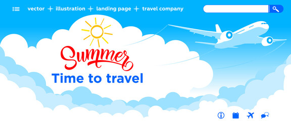 Airplane in the blue sky with clouds. Air ticket sale - Landing page template. Sky scenery background - dark blue sky, clouds, flying planes, website icons. Vector illustration © Kiselov