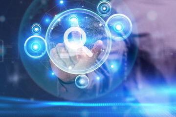 Obraz premium Business, Technology, Internet and network concept. Young businessman working on a virtual screen of the future and sees the inscription: