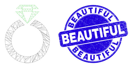 Web mesh jewelry ring icon and Beautiful seal stamp. Blue vector round grunge seal stamp with Beautiful title. Abstract carcass mesh polygonal model created from jewelry ring icon.