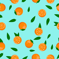Fruit seamless pattern. Summer vector background with whole and half an orange on a blue background. For the design of fabrics, packaging and wallpapers.