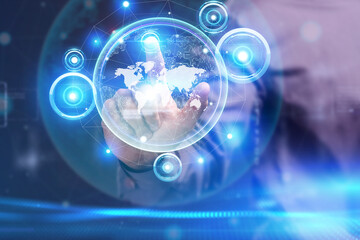 Business, Technology, Internet and network concept. Young businessman working on a virtual screen of the future and sees the inscription: