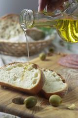 olive oil and bread, olives on Italian still life