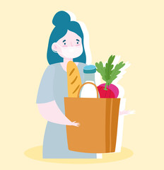 safe delivery at home during coronavirus covid-19, woman with protective mask and grocery bag with food