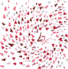 Background with hearted and word love. Hand-drawn ornament, heart pattern.