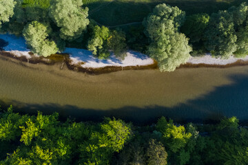 Isar shore in Thalkirchen, Munich from above aerial drone view. 