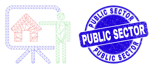 Web carcass realtor public report icon and Public Sector stamp. Blue vector rounded distress seal stamp with Public Sector caption.