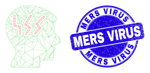 Web mesh migraine head icon and Mers Virus watermark. Blue vector round grunge seal stamp with Mers Virus caption. Abstract frame mesh polygonal model created from migraine head icon.