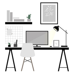 Table icon. Cozy and comfortable workplace with a computer, office, minimalist scandinavian interior, freelance. Sweet Home. Great for postcards, textiles, stickers. Isolated white background.