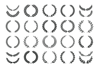 Set of different black and white silhouette round laurel foliate and wheat wreaths depicting an award, achievement, heraldry, nobility, emblem, logo. Vector illustration.