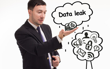 Business, technology, internet and network concept. Young businessman thinks over the steps for successful growth: Data leak