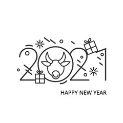 2021 Chinese Lunar New year linear calligraphy lettering text with bull head, snowflakes present boxes. Editable stroke vector illustration for greeting card, banner and celebration party invitation