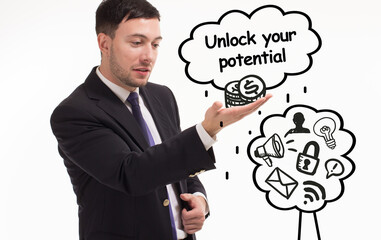 Business, technology, internet and network concept. Young businessman thinks over the steps for...
