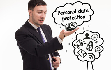 Business, technology, internet and network concept. Young businessman thinks over the steps for successful growth: Personal data protection