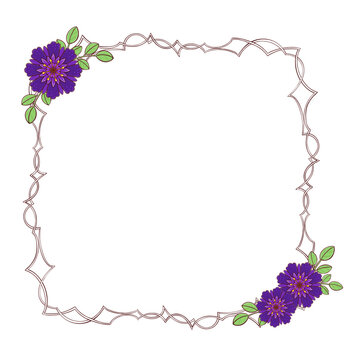 Large spiny square frame with flowers. Digital illustration.