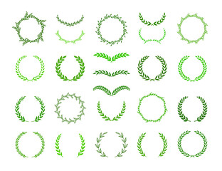 Set of green silhouette laurel foliate and olive wreaths. Vector illustration for your frame, border, ornament design, wreaths depicting an award, achievement, heraldry, emblem, logo.