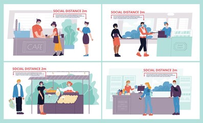 Health safe social distancing. people standing in queue line wearing protective facial face mask at cafe, food court eating place, supermarket, grocery shop maintaining distance to avoid infection set