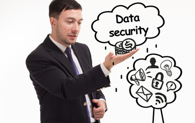 Business, technology, internet and network concept. Young businessman thinks over the steps for successful growth: Data security