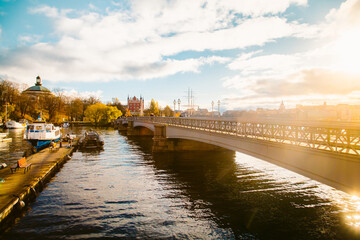 Skeppsholmen bridge in Stockholm at sunset, Sweden