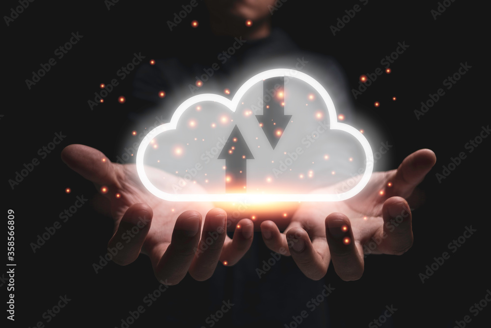 Poster two hand holding and giving virtual cloud computing. cloud is system for sharing download upload kno
