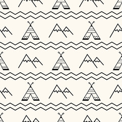 Naklejka premium Vector seamless geometric pattern with wigwams, mountain peaks and zigzag ornament. Scandinavian style background for kids. Cute minimalistic native americans backdrop for prints, textile, fabric