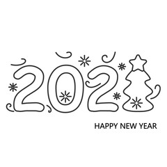 2021 New Year calligraphic lettering text with falling snow flakes and Christmas tree. Linear calligraphy for greeting card, party invitation sale announce and banner. Editable vector illustration