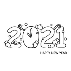 2021 happy New year and Christmas lettering. Linear calligraphic text for party invitation, carnival banner and business greeting card with balloons and clock, . Editable stroke vector illustration.