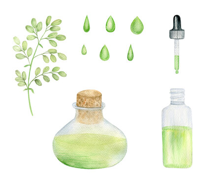 Watercolor cannabis set with seeds, oil, drops isolated on white background. Medical marijuana products. Hand drawn illustration.