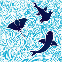 Sea animals with hand-drawn abstract background. Shark, hammerfish, ramp, waves, patterns, scribbles. Color vector illustration, flat design. Poster, card, wallpaper, wrapping paper.