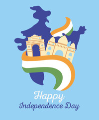happy independence day india, map flag and monuments famous