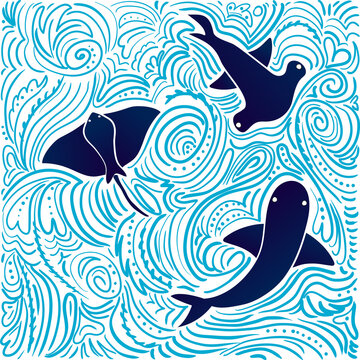 Sea animals with hand-drawn abstract background. Shark, hammerfish, ramp, waves, patterns, scribbles. Color vector illustration, flat design. Poster, card, wallpaper, wrapping paper.