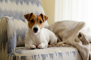 Curious Jack Russell Terrier puppy looking at the camera. Adorable doggy with folded ears lying on...