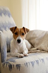 Curious Jack Russell Terrier puppy looking at the camera. Adorable doggy with folded ears lying on the armchair at home with funny look on its face. Close up, copy space, background.