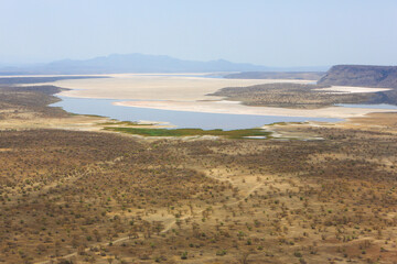 Aerial view of Lake Little Magadi in the Great Rift Valley of Kenya. Lake Magadi is the southernmost lake in the Kenyan Rift Valley, north of Tanzania's Lake Natron. 