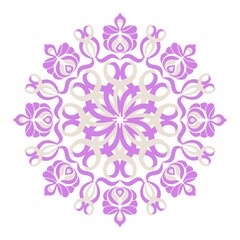 Fototapeta na wymiar lilac flower pattern isolated on white background. colorful round ornament. hand-drawn drawing. embroidery, template, and clipart.
