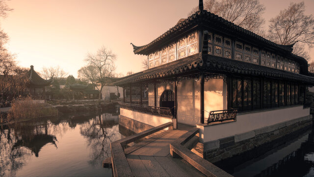 Sunset view at Humble Administrator Garden(Zhuozheng Garden) built in 1517 is a classical garden,a UNESCO World Heritage Site and is the most famous of the gardens of Suzhou.