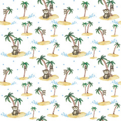 Monkeys climbing coconut tree seamless pattern. Hand drawn illustration on white background