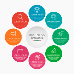 Business infographic Vector with 8 steps.Used for presentation,information,education,connection,marketing, project,strategy,technology,learn,brainstorm,creative,growth,abstract,stairs,idea,text,work.