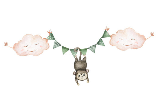 Monkeys climbing green ribbon and funny cloud. Hand drawn cartoon illustration on white background for baby shower