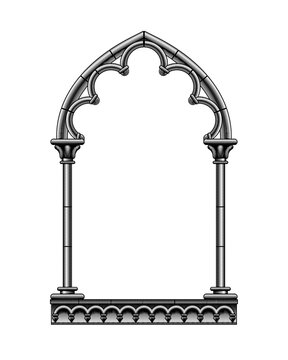 Engraved drawing of a black classic gothic architectural decorative frame isolated on white