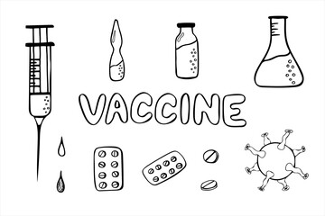 Set Vaccine with lettering, syringe, virus, flask, vial, blister, round pill and drops: simple hand drawn vector illustration in black and white