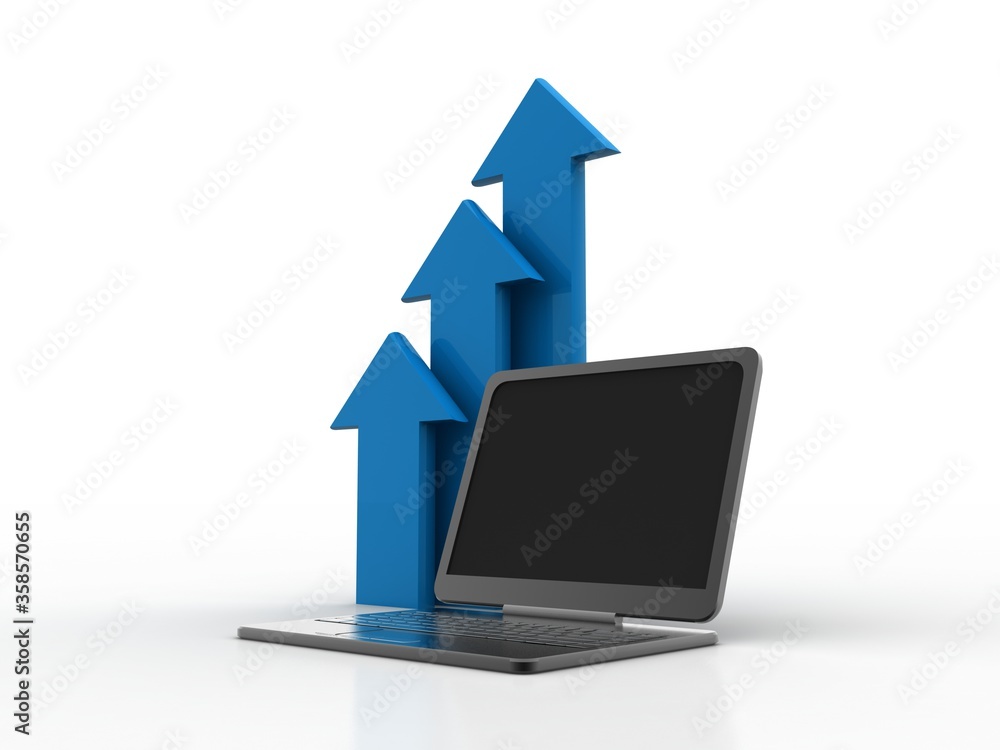 Poster 3d rendering laptop with with up arrow