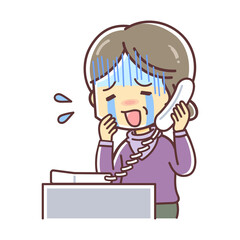 固定電話で話すシニア女性（涙）