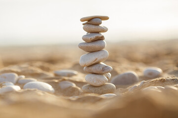 sea stones tower on sand. summer and sunset on sea background. relaxation and meditation on beach