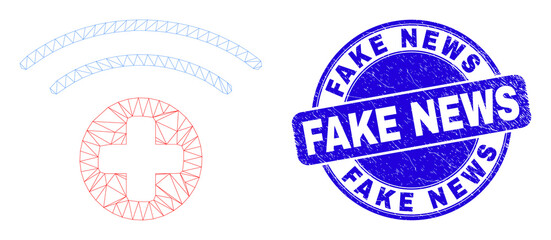 Web carcass medical source icon and Fake News seal stamp. Blue vector rounded textured seal stamp with Fake News phrase. Abstract carcass mesh polygonal model created from medical source icon.