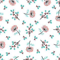 Fototapeta premium Floral Vector Seamless Pattern. Background with Plant. Doodle Branches with Leaves, Flowers and Berries 