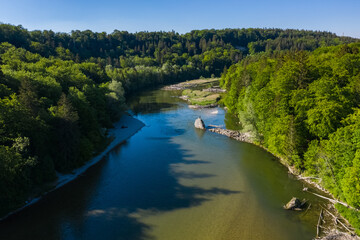 Isar river bird view in the south of Germany. River flowing to Danube river in south Germany drone aerial