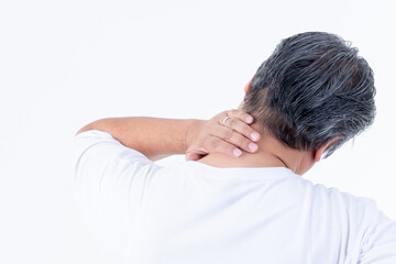 Middle aged men have gray hair are suffering from neck and shoulder pain on the left On white background to people and health care concept.