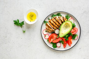 Keto lunch with avokado, chicken
