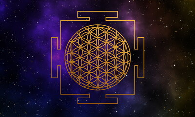 Gold flower of life yantra in the universe